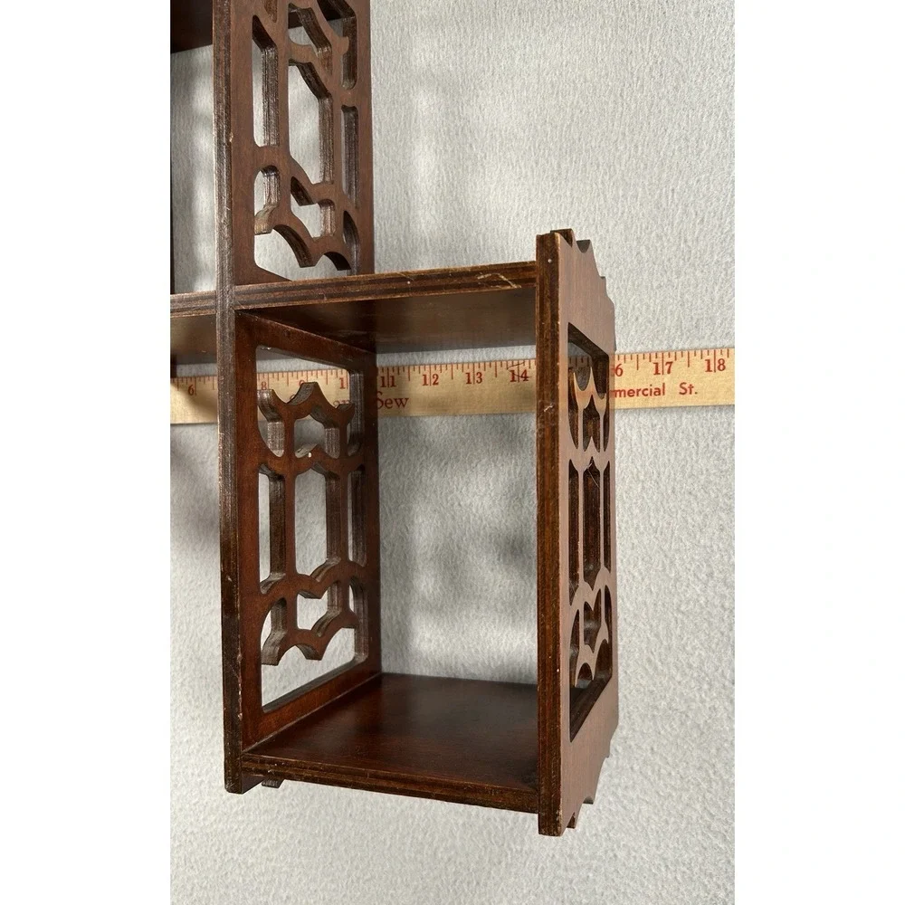 VTG Mahogany? Wood 3 Tier Wall Shelf Carved Fretwork 24